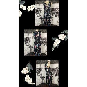 Chelsea Studio 1X Black Floral Print Keyhole Neck Tie Belt Hanky Hem Dress